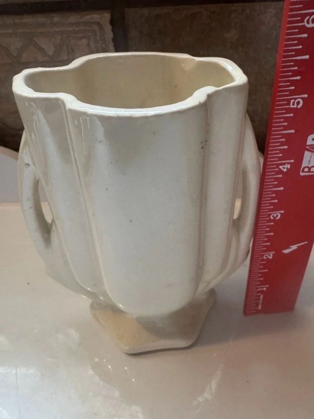 Vintage Cream Shawnee Brush Two Handled Small Pottery Vase.